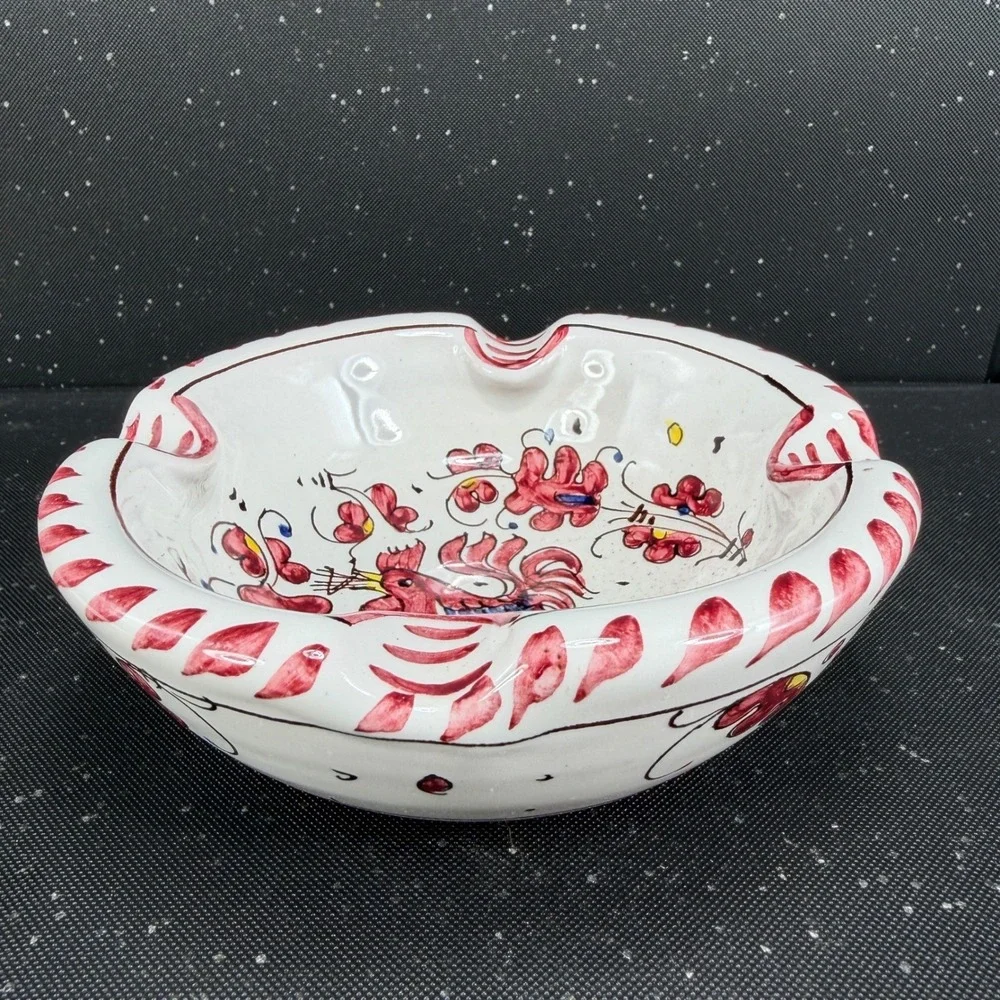 Vintage PV Italy Hand Painted Ceramic Rooster Ash Holder Red Floral Bowl 6724 D